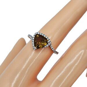Sterling Silver 925 Trillion Cut Citrine Glass Crystal Halo Women's Ring Size 7
